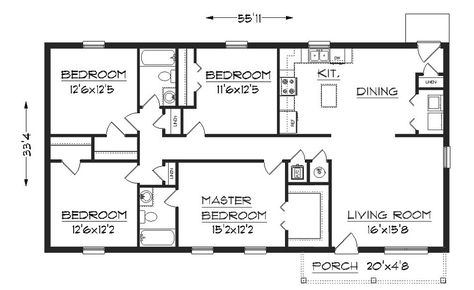 Simple One Floor House Plans | Plan 1624, floor plan Rectangle House Plans, Minecraft Modern House Designs, One Floor House Plans, Four Bedroom House Plans, Small House Blueprints, Simple Floor Plans, Trendy House, Dream Dates, Housing Ideas