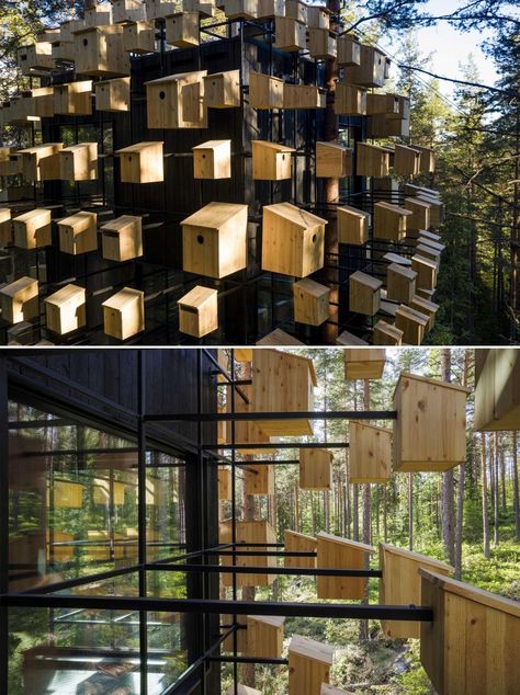 Bird House Architecture, Biometric Architecture, Bird Architecture, Forest Bar, Bird Hotel, Net Architecture, Bird In Nest, Swedish Forest, Pizzeria Design