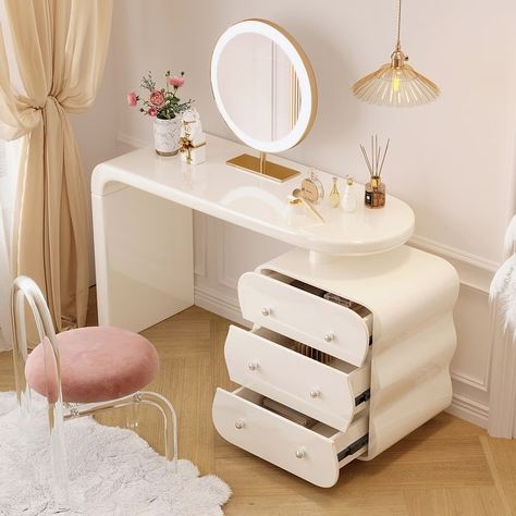 JASIWAY Modern Makeup Vanity Dressing Table, White - Bed Bath & Beyond - 40439370 White Desk With Mirror, Pink And White Vanity Makeup Rooms, Cute White Vanity, Light Pink Vanity Desk, Pink Girly Vanity, Preppy Vanity, Pink And Whit Vanity, Girl Vanity, Cute Vanity