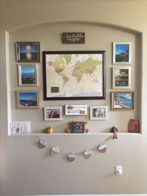 Adventure Awaits Gallery Wall                                                                                                                                                                                 More World Map Gallery Wall, Adventure Decor Living Room, Travel Themed Gallery Wall, Gallery Wall With Map, World Travel Decor, Adventure Wall Decor, Travel Themed Room, Travel Gallery Wall, Adventure Wall