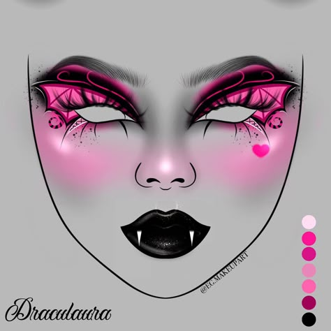 Monster High Makeup Looks Draculaura, Halloween Makeup Looks Drawing, Halloween Facechart, Goth Pink Makeup, Monster High Makeup Looks, Pink Halloween Makeup, Valentines Day Makeup Creative, Halloween Makeup Challenge, Halloween Themed Makeup