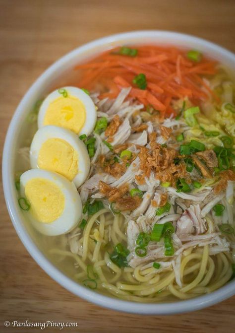 Chicken Mami Recipe Panlasang Pinoy Chicken Mami, Chicken Mami Filipino Recipe, Mami Noodles Recipe, Merienda Pinoy, Chicken Mami Recipe, Pork Ramen Recipe, Filipino Soup Recipes, Filipino Pork Recipes, Fresh Egg Noodles