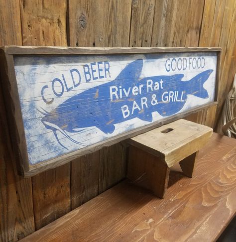 River sign/River Rat Bar & Grill Cold Beer Good Food Rustic Wood Sign/Catfish/Cabin decor/Lodge/Fishing/Marina/Boat Dock/Restaurant/Bar Dock Restaurant, River Quotes, River House Decor, Painted Porch, River Rat, Lakefront Living, Recreational Room, Fishing Room, Lake Ideas