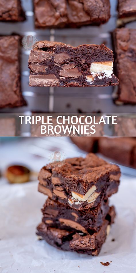 Gooey, Rich, and Super Chocolatey Triple Chocolate Brownies! Choc Brownie Recipe, Jane Patisserie, Choc Brownies, Beginner Baking, Gourmet Brownies, Triple Chocolate Brownies, Blondie Recipes, Fudge Brownie Recipe, Janes Patisserie