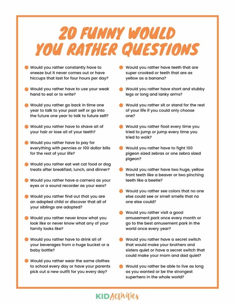 Funny Would You Rather, Kids Questions, Rather Questions, Would You Rather Questions, Fun Questions To Ask, Team Building Activities, Kid Activities, Ice Breakers, Would You Rather