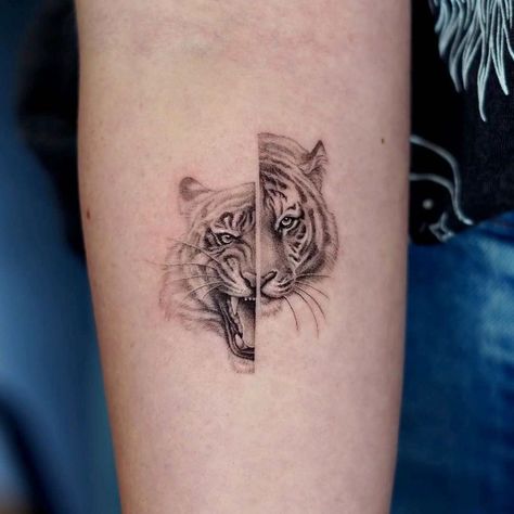 Tiger Inspired Tattoos, Half Tiger Tattoo, Tiger Tattoo Designs, Micro Tiger Tattoo, Tattoo Ideas Tiger, Realism Tattoo Ideas, Tiger Tatoos, Minimal Tiger Tattoo, Simplistic Tiger Tattoo