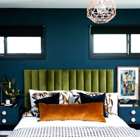 Look at that headboard! This 1950s ranch house is a mix of modern minimalism and modern eclectic maximalism. | House Tours By Apartment Therapy  #bedroom #bedroomideas #bedroomtrends #hometour #colorfulbedroom White Herringbone Tile Floor, White Herringbone Tile, Herringbone Tile Floors, Eclectic Maximalism, Tufted Upholstered Headboard, Custom Furniture Design, Bedroom Photos, Tufted Headboard, Green Tile