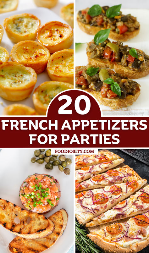 This curated collection of 20 French appetizers showcases the breadth and depth of France’s culinary heritage, from the rustic charm of Pâté de Campagne to the sophisticated elegance of Olive Tapenade Crostini.  Each recipe offers a glimpse into the rich tapestry of French cuisine, inviting diners to embark on a gastronomic journey that begins with these delectable starters. Paris Themed Appetizers, Classic French Appetizers, French Appetizers France, France Appetizers, French Style Appetizers, French Hor D'oeuvres, French Apero Ideas, Parisian Appetizers, French Starters Appetizers