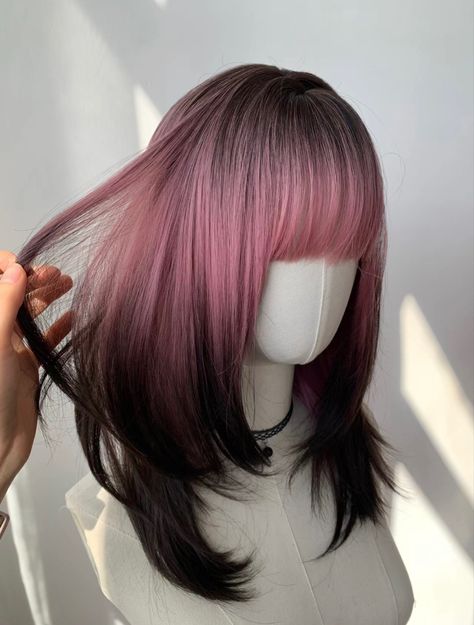 Dyed Hair With Black Roots, Hair With 2 Colors, Dark Hair With Pastel Pink Highlights, Asian Pink Balayage, Pink To Brown Hair, Cool Hair Inspiration, Ombré Color Hair, Black Pink Ombre Hair, Pink To Black Hair