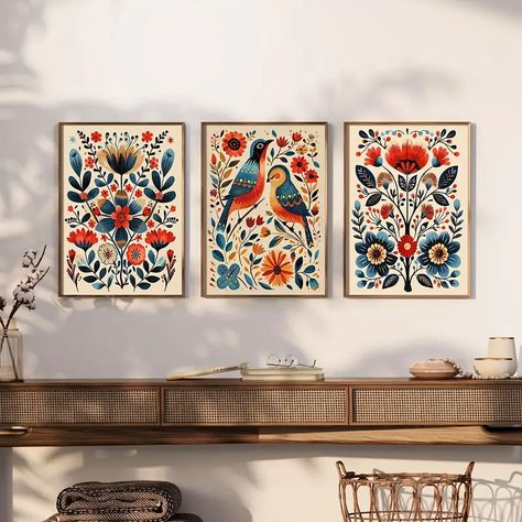 Norwegian Folk Art, Mexican Wall Art, Retro Farmhouse, Flower Canvas Wall Art, Nordic Wall Art, Scandinavian Wall Art, Deco Retro, Scandinavian Folk Art, Nordic Wall