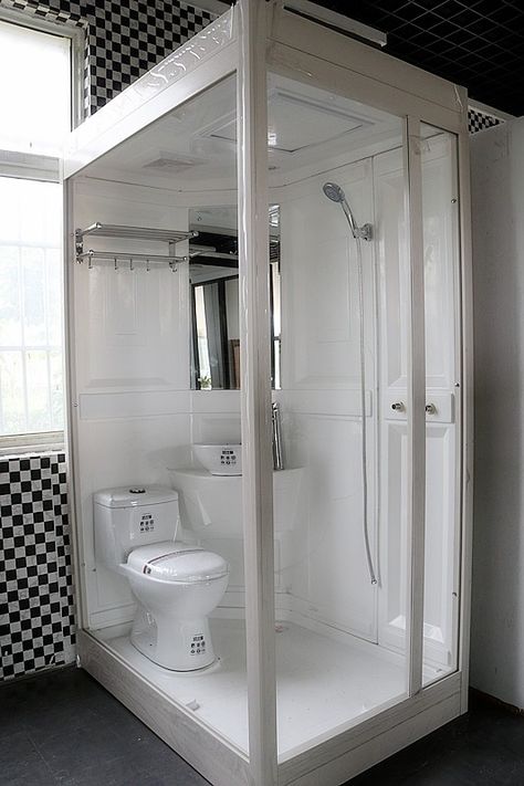 Toilet Shower Combo Tiny House, Modular Shower Unit, Cabin Toilet Ideas, Shower Beside Toilet, Portable Bathroom Ideas, Portable Bathroom Trailer, Temporary Shower Ideas, Toilet In Shower Wet Rooms, Portable Shower Indoor