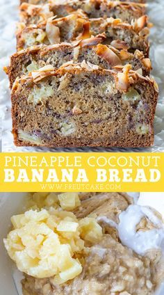 Moist and delicious tropical Pineapple Coconut Banana Bread made with coconut cream, real chunks of sweet pineapple and topped with toasty coconut chips. #quickbread #bananabread #banana #coconut #pineapple #tropical #baking #recipe Banana Pineapple Coconut Cake, Coconut Pineapple Banana Bread, Tropical Banana Bread, Tropical Bread, Pineapple Banana Bread Recipe, Coconut Banana Bread, Dessert Breads, Banana Bread Loaf, Coconut Bread