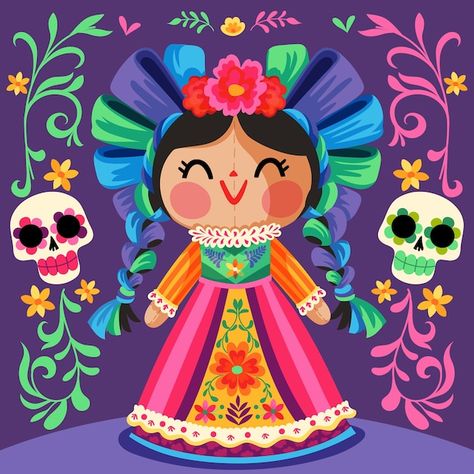 Diseño de ilustración de muñeca mexicana... | Premium Vector #Freepik #vector #muneca-mexicana #muneca #juguetes-mexicanos #cultura-mexicana Doll Illustration, Mexican Folklore, Mexican Night, Latino Art, Mexican Doll, Doll Drawing, Mexican Skulls, Mexican Style, Mexican Art