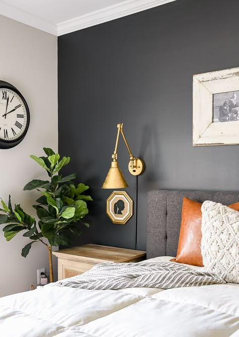 A master bedroom gets a high contrast dark and moody makeover with Sherwin-Williams Iron Ore #Modernfarmhouse Contrast Bedroom, Moody Bedroom, Bedroom Updates, Bedroom Wall Colors, Dekorasi Kamar Tidur, Accent Wall Bedroom, Iron Ore, Dark And Moody, Wall Bedroom