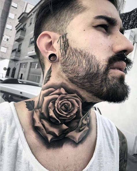 Nice Mens Shaded Rose Neck Tattoos Rose Neck Tattoo, Mangas Tattoo, Best Neck Tattoos, Tatuagem Masculina Pequena, Side Neck Tattoo, Light Inspiration, Throat Tattoo, Rose Tattoos For Men, Neck Tattoo For Guys