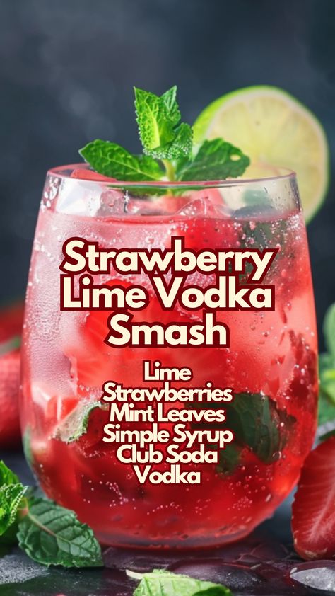 When it’s hot outside, there’s nothing like a cool, refreshing drink to beat the heat. That’s where the Strawberry Lime Vodka Smash comes in. It mixes ripe strawberries and tangy lime with a dash of mint for a burst of freshness. Vodka brings it all together, and a splash of club soda adds the perfect fizz. #strawberrylimevodkasmash via @mybartender Strawberry Lime Vodka Smash, Vodka Smash, Drinks With Vodka, Summer Vodka Drinks, Strawberry Vodka, Cocktail Drinks Alcoholic, Strawberry Lime, Mixed Drinks Alcohol, Yummy Alcoholic Drinks