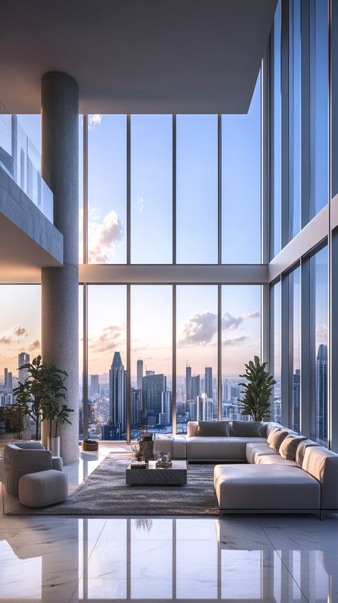 Skyline view apartment with tall glass windows Apartment High Rise, Highrise Apartment View, Highrise Apartment Decor, Apartment With Nice View, High Rise Apartment Sunset, View From New York Apartment, Apartment With Big Windows Cities, Penthouse Aesthetic, Winter Arc