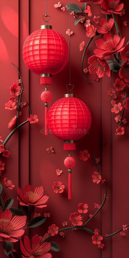 Red Chinese New Year paper cut with lanterns, floral decorations background. Generative AI royalty free stock photography Chinese New Year Festival, China Background, Lantern Art, Chinese Theme, Floral Decorations, Stock Photography Free, Paper Cut, Chinese New Year, Floral Decor