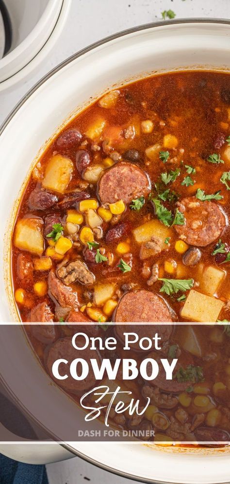 If you're looking for easy ground beef recipes that are also hearty and comforting, you need to try this Texas Cowboy Stew! Easy to make with simple ingredients, this one pot recipe features simple ingredients like beef, smoked sausage, bacon, potatoes, and beans. Make it on the stovetop, Slow cooker, or Instant Pot! Crockpot Texas Cowboy Stew, Cowboy Stew Recipe Ground Beef Crock Pot, Dinner Recipes With Stew Meat, Hearty Stew Recipes, Hobo Stew Recipe, Texas Stew, Stew Meat Recipes Stove Top, Cowboy Stew Recipe, Texas Cowboy Stew