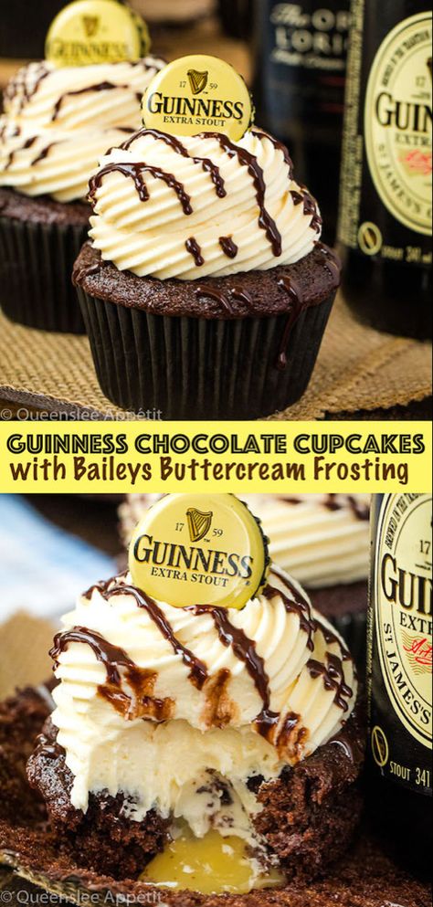 Guinness Chocolate Cupcakes with Baileys Buttercream Frosting ~ Recipe Chocolate Ganache Drizzle, Baileys Buttercream, Baileys Cupcakes, Guinness Cupcakes, Frost Cupcakes, Infused Cupcakes, Chocolate Cupcake Recipe, Boozy Cupcakes, Guinness Chocolate