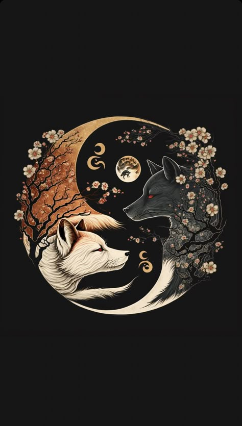 Moon Wolf Tattoo, Jing Y Jang, Ying Yang Art, Ying Yang Tattoo, Watercolor Wolf, Yin Yang Art, Wolf Artwork, Wolf Wallpaper, Wolf Tattoos