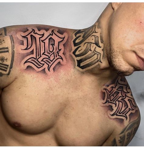 Chest Shading Tattoo, Upper Trap Tattoo Men, Top Of Shoulder Tattoo Men Ideas, Chest Number Tattoo, Upper Collar Bone Tattoo, Shoulder Lettering Tattoo, Deltoid Tattoo Men, Number Chest Tattoo, Neck Sleeve Tattoo Men