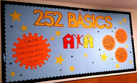 Our 252 Basics board! 252 Basics, Family Ministry, Children Ministry, Sunday School Rooms, Spring Bulletin Boards, Mini City, Stage Set Design, Kids Ministry, Country Fair