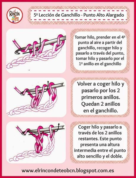 Quinta Lección de Ganchillo de El Rincón de Teo - Punto Alto Alargado Crochet 101, Crochet Stitches Guide, Crochet Lessons, Crochet Cross, Crochet Stitches Tutorial, Crochet Diagram, Crochet Chart, Crochet Videos, Crochet Edging