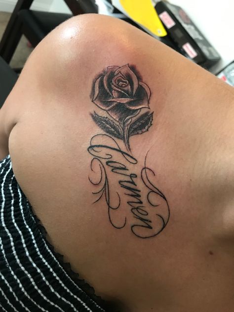 Woman’s shoulder script and rose tattoos by jsin Tattoo On Top Of Shoulder, Shoulder Name Tattoo, Full Hand Tattoo, Hourglass Tattoo, Simple Tattoo Designs, Simple Tattoo, Tattoo Cover-up, Hand Tattoo, Name Tattoo