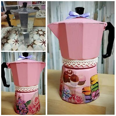 Cafetera decorada con decoupage Tin Can Crafts, Pot Designs, Can Crafts, Craft Time, Tea Kettle, Coffee Set, Chocolate Bar, Coffee Bar, Painted Furniture