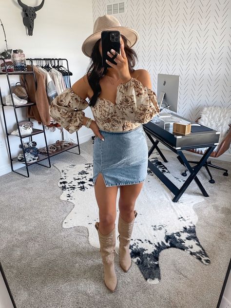 denim mini skirt outfit | denim mini skirt outfit fall | bustier top outfits | bustier and skirt outfits | western boots outfit | western boots outfit fall Western Winery Outfit Summer, Skirt Outfits Western, Western Boots Outfit Fall, Mini Skirt Outfit Denim, Skirt And Cowboy Boots Outfit, 30th Birthday Outfit Ideas For Women, Skirt Outfit Denim, Mini Skirt Outfit Fall, Bustier Top Outfits