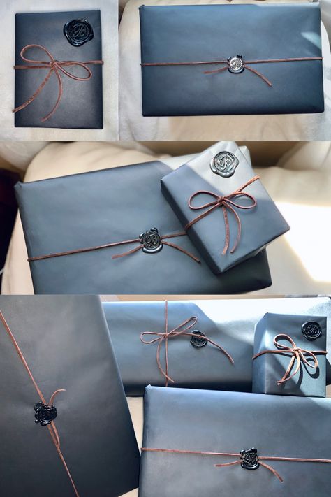 Black Paper Gift Wrapping Ideas, Men’s Gift Wrapping Ideas, Wax Stamp Packaging, Masculine Gift Wrapping, Black Wrapping Paper Ideas, Professional Gift Ideas, Creative Corporate Gifts, Cute Gift Wrapping Ideas, Pretty Gift Wrapping Ideas