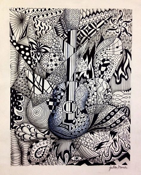 ZenTangle Guitar - Grade 9 Art Project 2014 on Behance Music Notes Drawing, Doodle Art Posters, Music Sketch, Music Notes Art, Zen Doodle Patterns, Music Art Print, Free Motion Quilting Patterns, Art Therapy Projects, Music Drawings