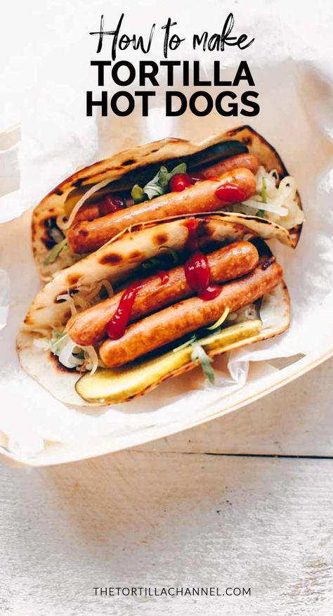 Try these tortilla hot dog a perfect lunch or snack. Dress it up with hot dogs, sauerkraut, pickle, mustard and onions. Visit the tortillachannel.com for the full recipe and video. #thetortillachannel #easyhotdog #tortillahotdog #hotdog #hotdogrecipe Hot Dog Wrap, Hot Dog Wraps, Pickle Mustard, Mexican Lunch, Tortilla Recipes, Hot Dogs Recipes, How To Make Tortillas, Fast Dinner Recipes, Fast Lunch