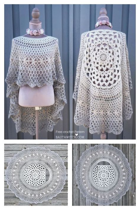 Romantic Asymmetrical Poncho Free Crochet Pattern Crochet Asymmetrical Poncho, Crochet Mandala Poncho, Crochet Mandala Top, Crocheted Mandalas Free Patterns, Free Crochet Pattern Shawl, Circular Crochet Patterns, Crochet Ideas Free Patterns, Crochet Cape Pattern, Crochet Shaw