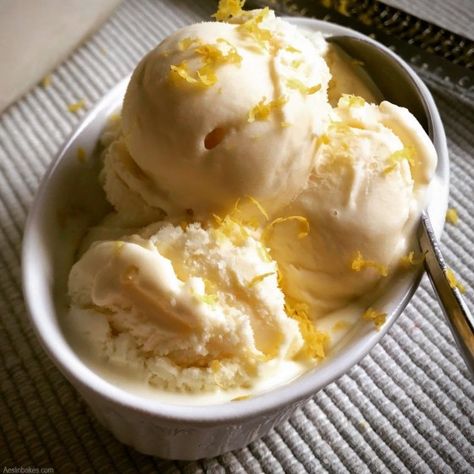 Creamy Fresh Lemon Ice Cream (eggless) - AeslinBakes Lemon Custard Ice Cream, No Egg Ice Cream Recipe, Custard Ice Cream Recipe, Lemon Curd Ice Cream, Lemon Ice Cream Recipe, Homemade Ice Cream Recipes Machine, Ice Cream Recipes Machine, Homemade Lemon Curd, Peach Dessert Recipes