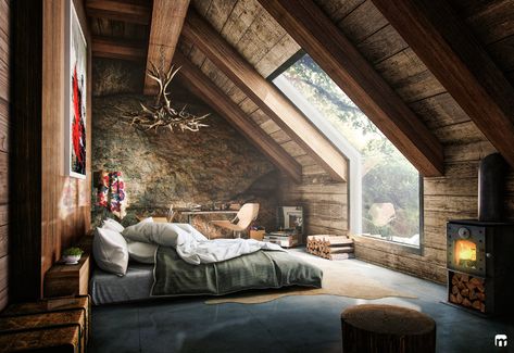 Cabin Fever: 10 Cozy Cabins for Escaping The World — THE NORDROOM Modern Man Bedroom, Men's Bedroom Design, Man Bedroom, Eldorado Stone, Rustic Bedroom Design, Attic Bedroom Designs, Attic Apartment, Decor Ikea, Attic Bedrooms