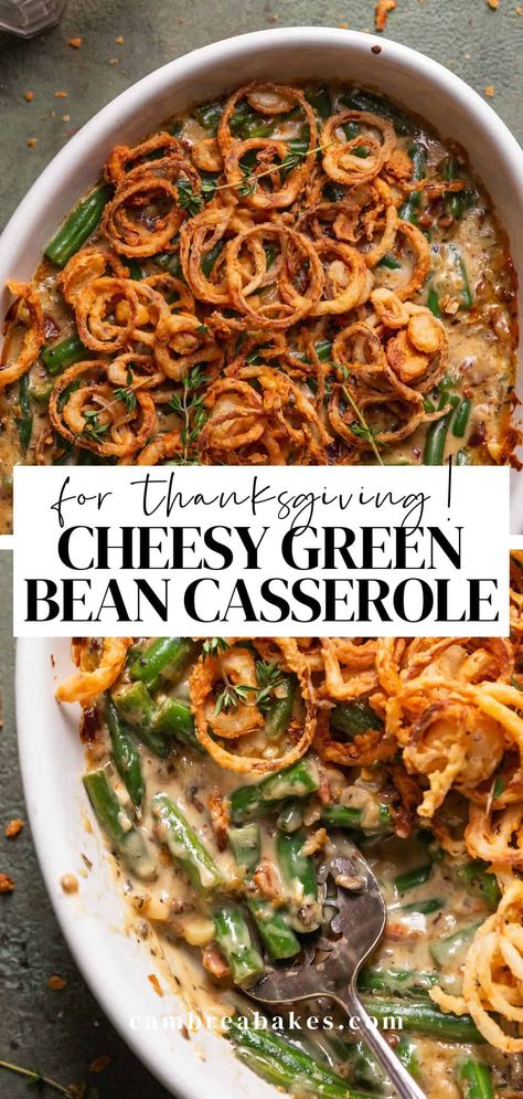 This cheesy green bean casserole is an elevated version of a family-favorite Thanksgiving side dish. Made completely from scratch with fresh ingredients- it's packed with bacon, three cheeses, and crispy fried shallots on top! Best Green Bean Casserole Recipe, Green Bean Casserole Black People, Green Bean Cassarole, Gourmet Green Bean Casserole, Cambrea Bakes, Cheesy Green Beans, Green Bean Casserole Campbells, Cheesy Green Bean Casserole, Best Macaroni Salad