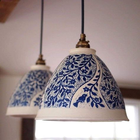 Bohemian Beach House Kitchen, Porcelain Light Fixtures, Porcelain Home Decor, Blue And White Ceramic Decor, Ceramic Hanging Lamp, Pottery Lampshade, Blue And White Ceramics, Ceramic Lamps Handmade, Lamps Handmade