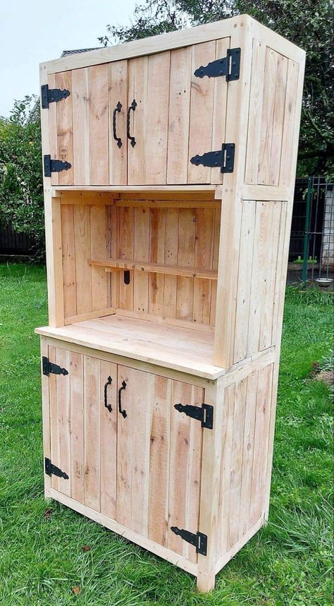 Pallet Bar Cabinet, Kitchen Pallet Cabinets, Diy Pallet Cabinets Kitchen, Rustic Kitchen Pantry Cabinet, Pallet Cabinets Kitchen, Homestead Organization, Pallet Cupboard, Reclaimed Wood Furniture Diy, Microwave Cabinets