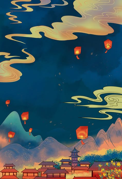 Japanese Lantern Festival, Chinese Style Illustration, Cloud Lantern, Lantern Drawing, Lantern Wallpaper, Lantern Illustration, Chinese Lantern Festival, Spring Festival Poster, Moon Day