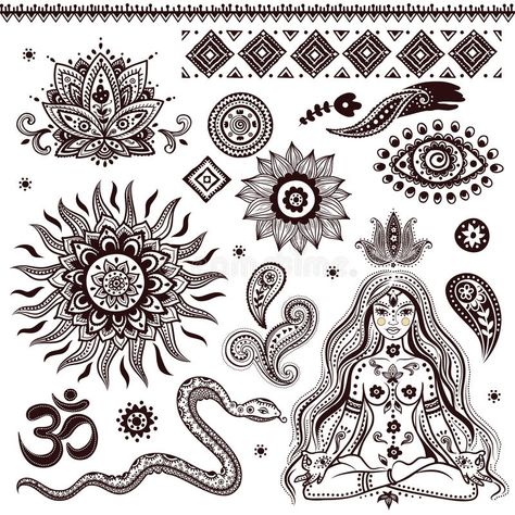 Yoga Elements, Body Rings, Indian Elements, Nature Drawings, Indian Symbols, Yoga Tattoos, Yoga Symbols, Polynesian Tattoos, Muster Tattoos