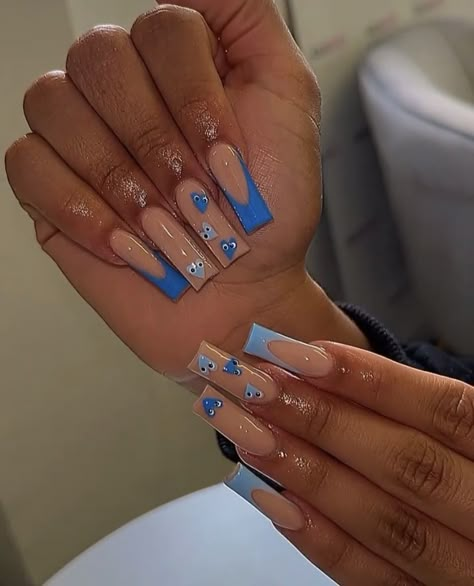 Cdg Nails Acrylic, Baby Blue Nails Designs, Cdg Nails, Pink Blue Nails, Baby Blue Acrylic Nails, Ruby Nails, Blue Coffin Nails, Blue French Tips, Baby Blue Nails