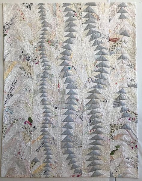 1st Place: FREE MOTION  54” x 68” Pieced and quilted by Mary Keasler Chattanooga MQG, Chattanooga, TN Neutral Quilts, Geometric Quilts, Improv Quilts, Neutral Quilt, Flying Geese Quilt, Landscape Quilt, Straight Line Quilting, Quilt Show, Grey Quilt