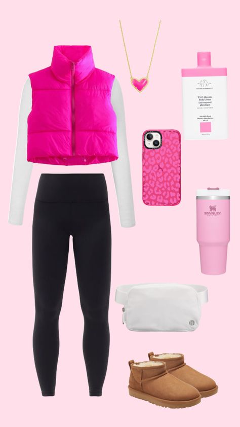 Preppy Puffer Jacket, Preppy Tiktok Outfits, Preppy Outfits Sporty, Pink Outfits Preppy, Cute Summer Sporty Outfits, Preppy Outfits Collage, Pink Outfit Board, Cute Puffer Jacket Outfits, Preppy Outfits Pink