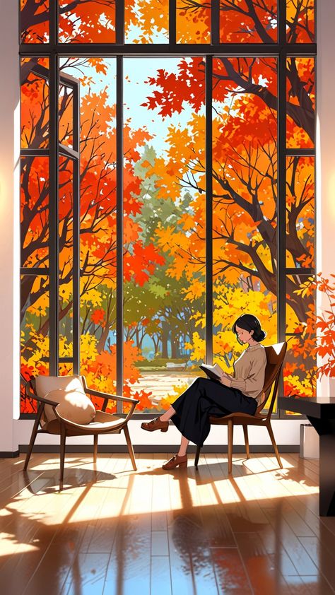 Anime Fall Asthetic, Autumn Anime Art, Autumn Aesthetic Art Anime, Autumn Window Illustration, Japan Autumn Illustration, People Reading, Background Hd Wallpaper, Animation Artwork, Autumn Illustration