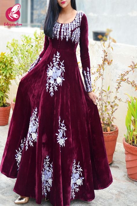 Shop Wine Velvet Padded Dabka Zardosi Handwork Floor Length Gown - Gowns Online in India | Colorauction Velvet Gown Indian, Velvet Dress Pattern, Party Wear Maxi Dresses, Pakistani Dresses Party, Velvet Kurti, Velvet Suit Design, Bridal Lehenga Online, Eastern Dresses, Best Designer Dresses