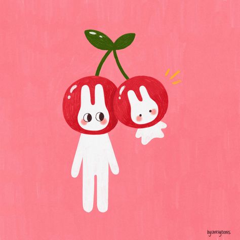 digital illustration of two white bunnies wearing cherry heads - made using procreate Cherry Illustration Cute, Korean Illustration Cute, Iphone Icon Ideas, Cherries Drawing, Cute Icons For Apps, Cherry Character, Strawberry Logo, Cherries Art, Cherry Illustration