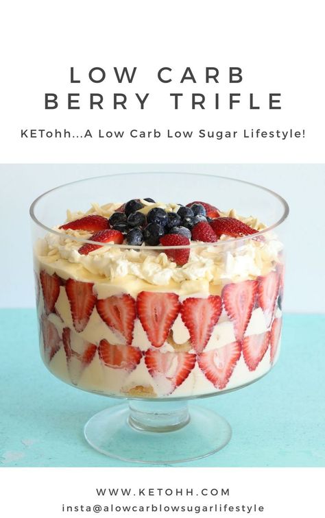 A delicious trifle that is low carb, gluten free, sugar free and suitable for diabetics, but it tastes just like a trifle should. Perfect for the festive season and it caters for many dietary requirements so has you covered. Check out www.ketohh.com for h Keto Trifle Desserts, Keto Trifle, Traditional Trifle, Retreat Recipes, Recipe For Diabetics, Thm Cake, Berry Trifle, Sugar Recipes, Cookies Gluten Free