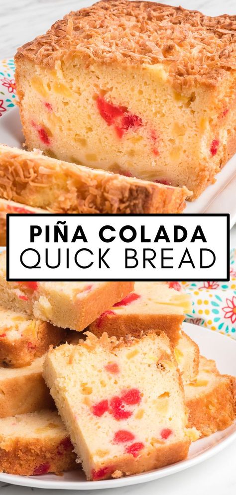 Pina Colada Bread is a delicious quick bread inspired by the beachside cocktail! With a hint of rum flavor chunks of pineapple, diced maraschino cherries, and a toasted coconut topping, this next-level pineapple bread tastes like tropical paradise. Pina Colada Bread Recipe, Recipe With Pineapple Chunks, Pina Colada Bread, Cherry Quick Bread, Pineapple Quick Bread, Coconut Quick Bread, Toasted Coconut Recipes, Pineapple Coconut Bread, Coconut Bread Recipe